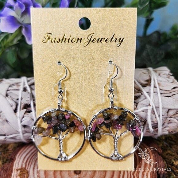 Watermelon Tourmaline Tree of Life Earrings #13 - Picture 1 of 2